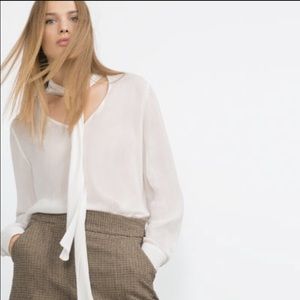 ZARA BASIC CHIFFON WHITE BLOUSE WITH NECK TIE