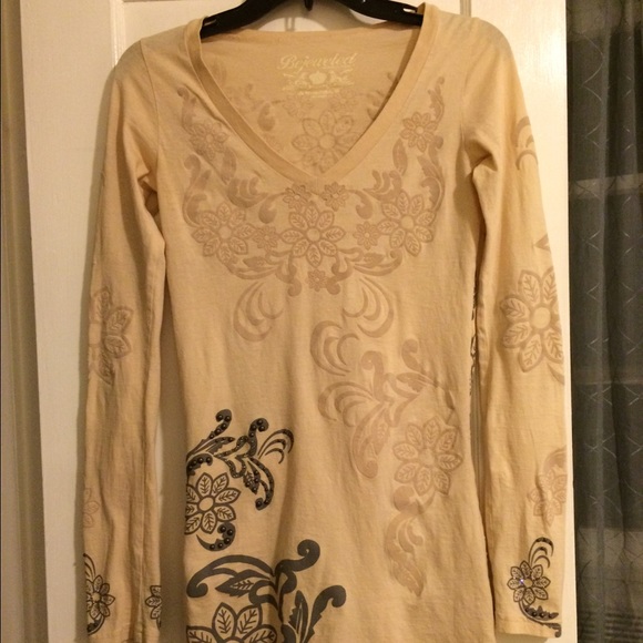 Bejeweled tan long top or dress. Size small