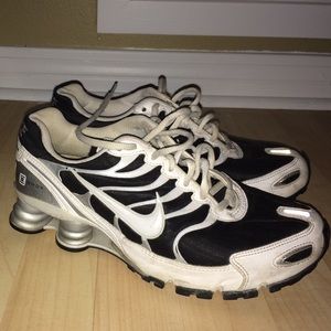 Black white and silver Nike shox