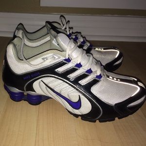 Navy blue black and white Nike shox