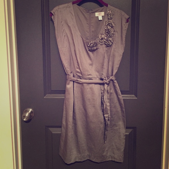 Petite LOFT gray and white polka dot dress