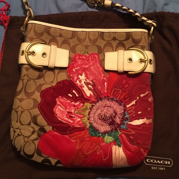 Coach Purse with red flower appliqué
