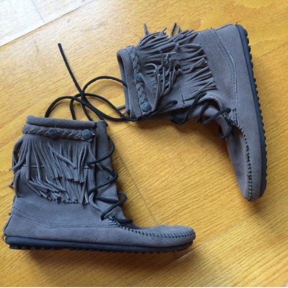 Grey Minnetonka Fringe Boots