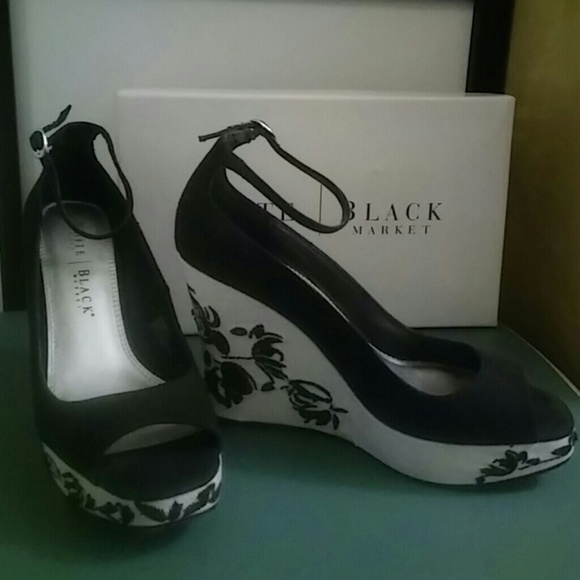 Beaded black & white wedge heels