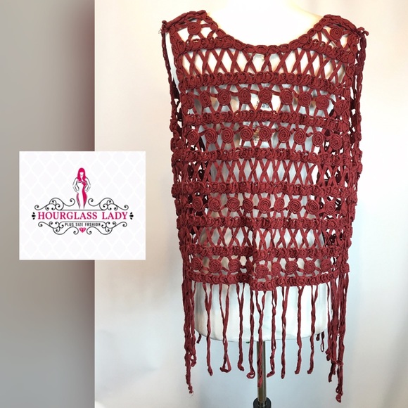 Festival Ready 💕Wine Rosette Fringed Boho Vest - Picture 2 of 3