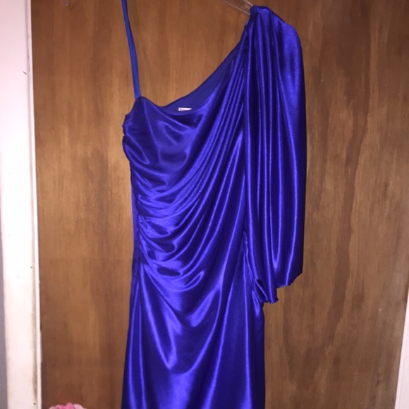 One shoulder navy blue satin dress