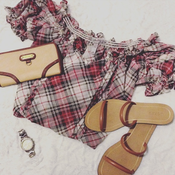 American Rag Tops - Red, White, Olive, & Black Plaid Top
