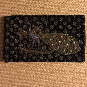 Vintage black velvet clutch - gold peacock design