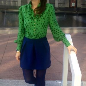 Juicy Couture Green & Navy Duck Silk Riffle Blouse