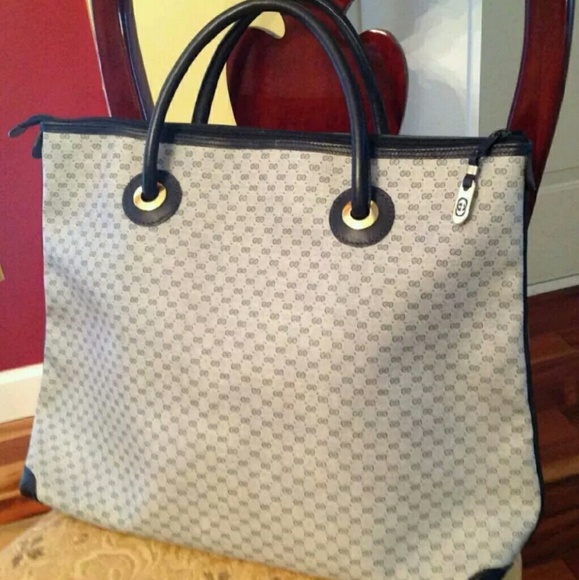 Rare Vintage Gucci Navy Large Zip Tote Handbag