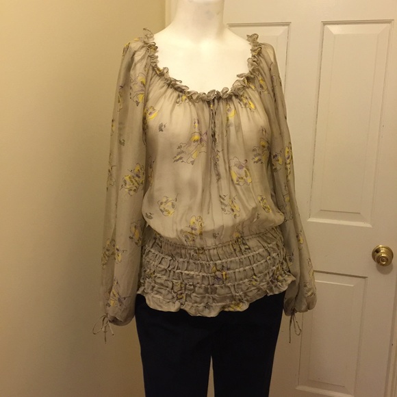 Zara tan blouse w/blk, lilac & yellow flowers, Med