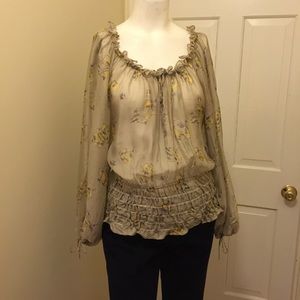 Zara tan blouse w/blk, lilac & yellow flowers, Med