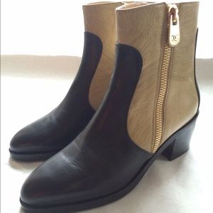 CHANEL Short Calfskin Boots Black / Beige