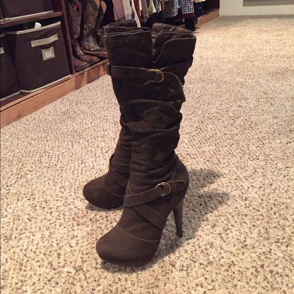 Tall brown boots, 5" heel.