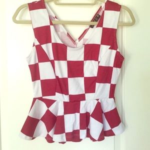 Burgundy/white checkered blouse