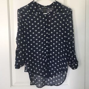 Sheer navy blouse with off white polka dots