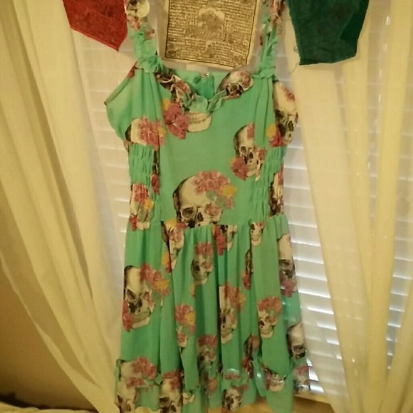 Skull & roses aqua ruffle dress