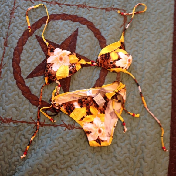 Brand new yellow bikini with white flower design