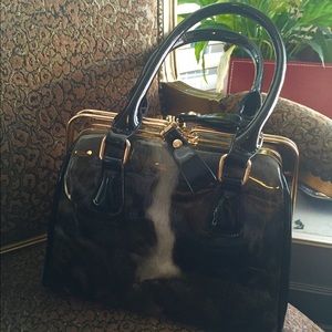 Patent leather fur print hard handbag