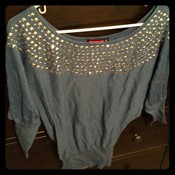 Blue off the shoulder bedazzled sweater