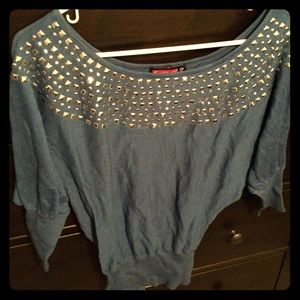 Blue off the shoulder bedazzled sweater