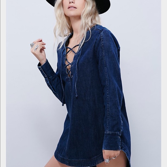 ❤️SOLD❤️Free People Denim Lace up Tunic - Picture 2 of 4