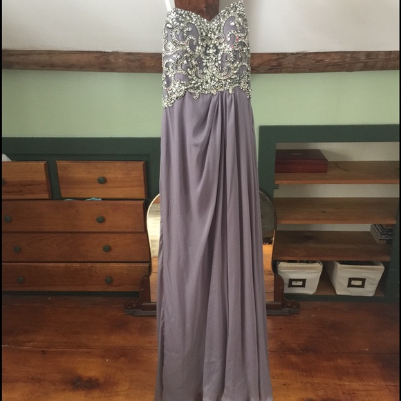 Montage by Mon Cheri charcoal gray evening gown.