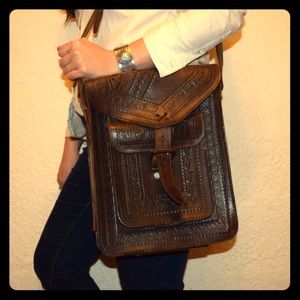Vintage tooled leather bag from Oaxaca