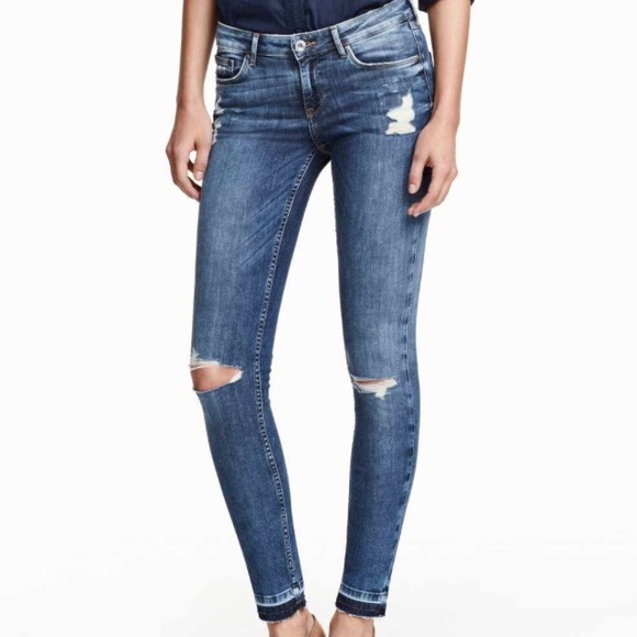 Super Skinny Low Ripped Jeans- Denim Blue