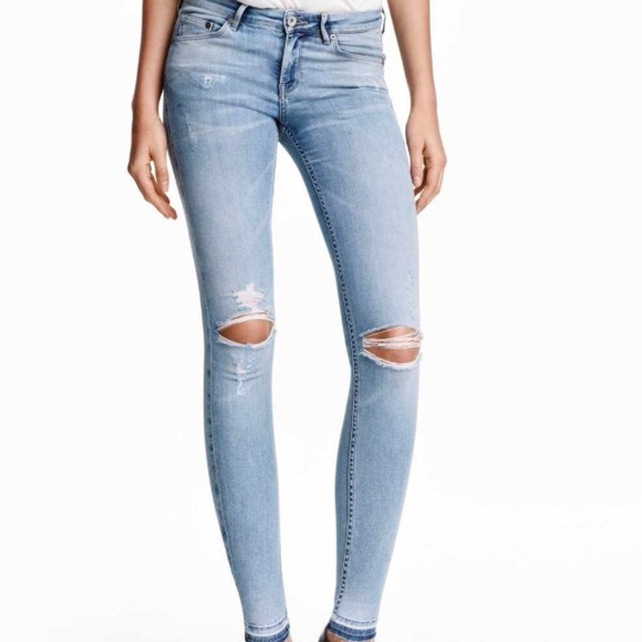 Super Skinny Low Ripped Jeans - Light Denim