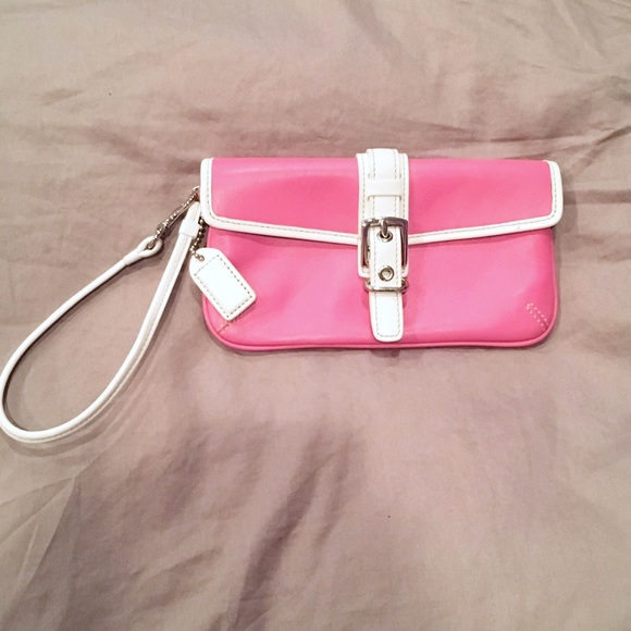 Pink and White Leather Coach Wristlet