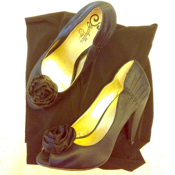 Black, Satiny, Peep-Toe Pumps