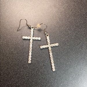 Silver rhinestone cross earrings
