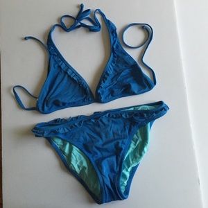 J.Crew Blue Bikini with ruffle detail.