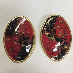 Vintage Red Black Gold Oval Earrings