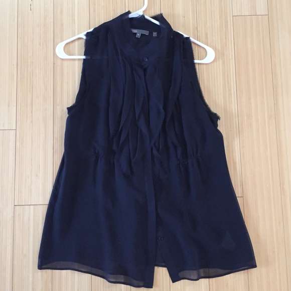Vince silk, sheer ruffled navy blouse.