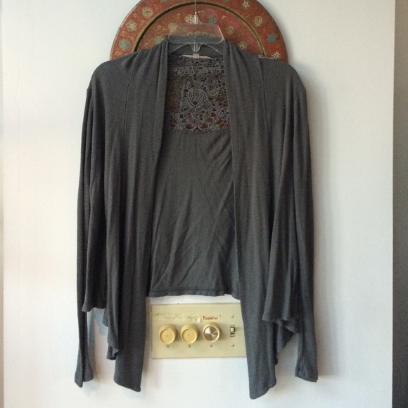 Dark Gray Asymmetrical Cardigan w/ Lace Back - Picture 1 of 2