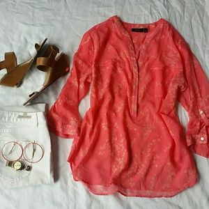 SOLD Chiffon Coral Floral Print Shirt