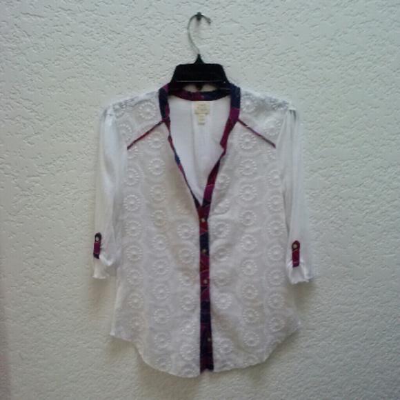 Anthropologie Tops - Tiny Anthro White Colorful Trim Blouse