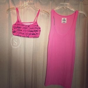 Pink Yoga Sports Bra and Pink Tank Top.