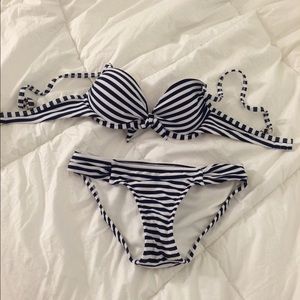 Navy blue striped bikini bottom and top