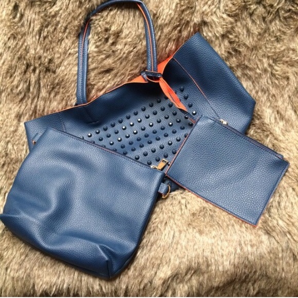 Red/black studded 3-in-1 faux leather tote bag - Picture 4 of 4