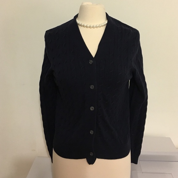 Classic navy Brooks Brothers cable knit cardigan.