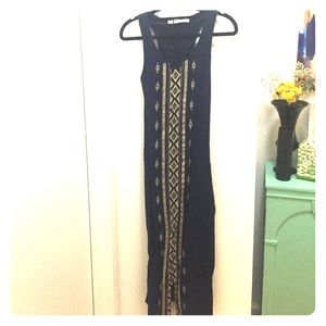 Dark navy maxi dress with tan tribal print