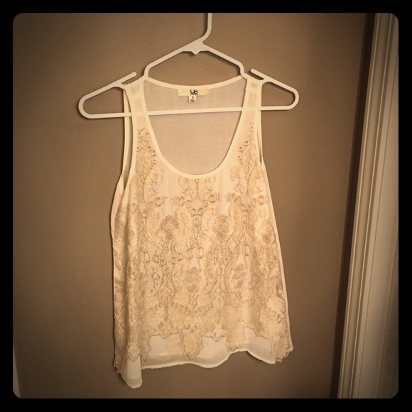 Cream Sleeveless Blouse with Gold Lace Overlay