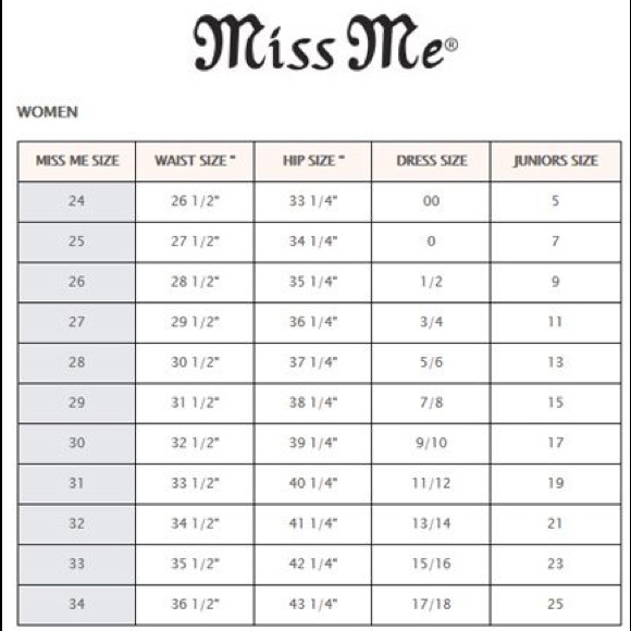 Miss Me Jeans Size Chart - Picture 3 of 4
