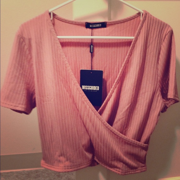 Missguided Wrap Over rib crop top in Rose Pink.
