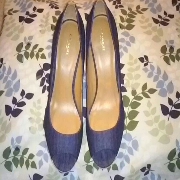 Coach Peep Toe Denim Espadrille Wedges