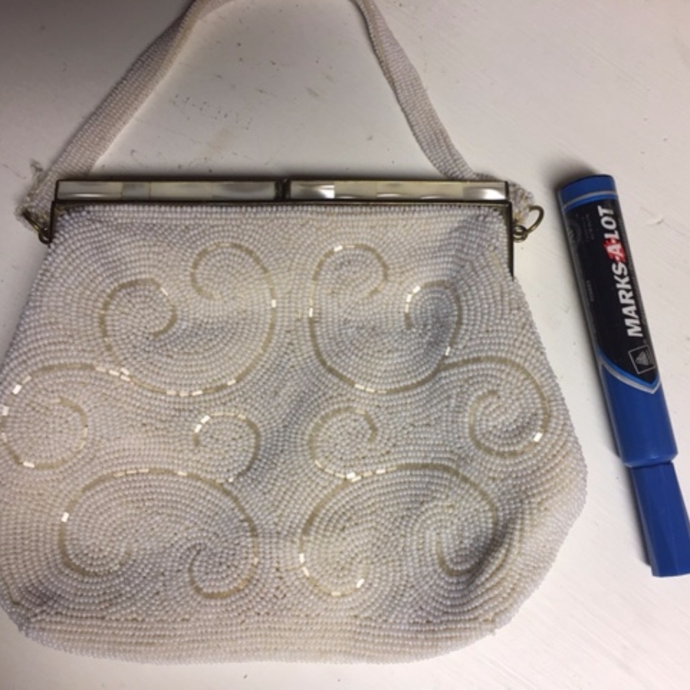 Antique Vintage Beaded Evening Bag Mother of Pearl