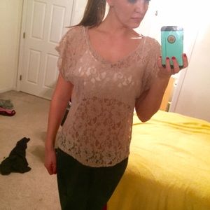 Relaxed Cream Lace Pocket Tee